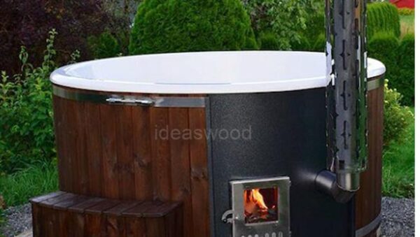 Hot tub with integral firewood stove