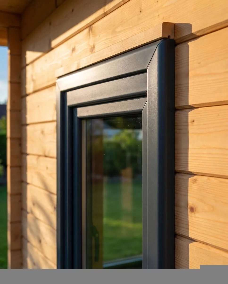 Anthracite RAL 7016 PVC window installed in a log cabin wall with settlement trim above