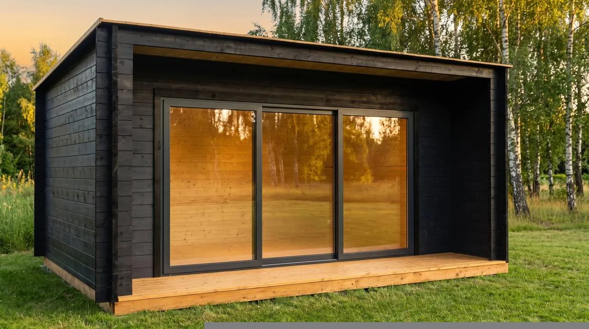Anthracite PVC sliding doors on a timber garden room
