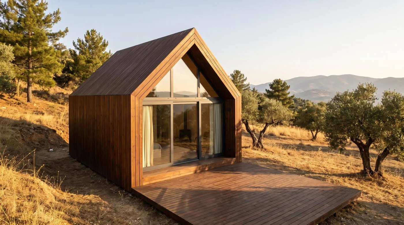 Gabled timber cabin clad in thermowood on a southern hillside