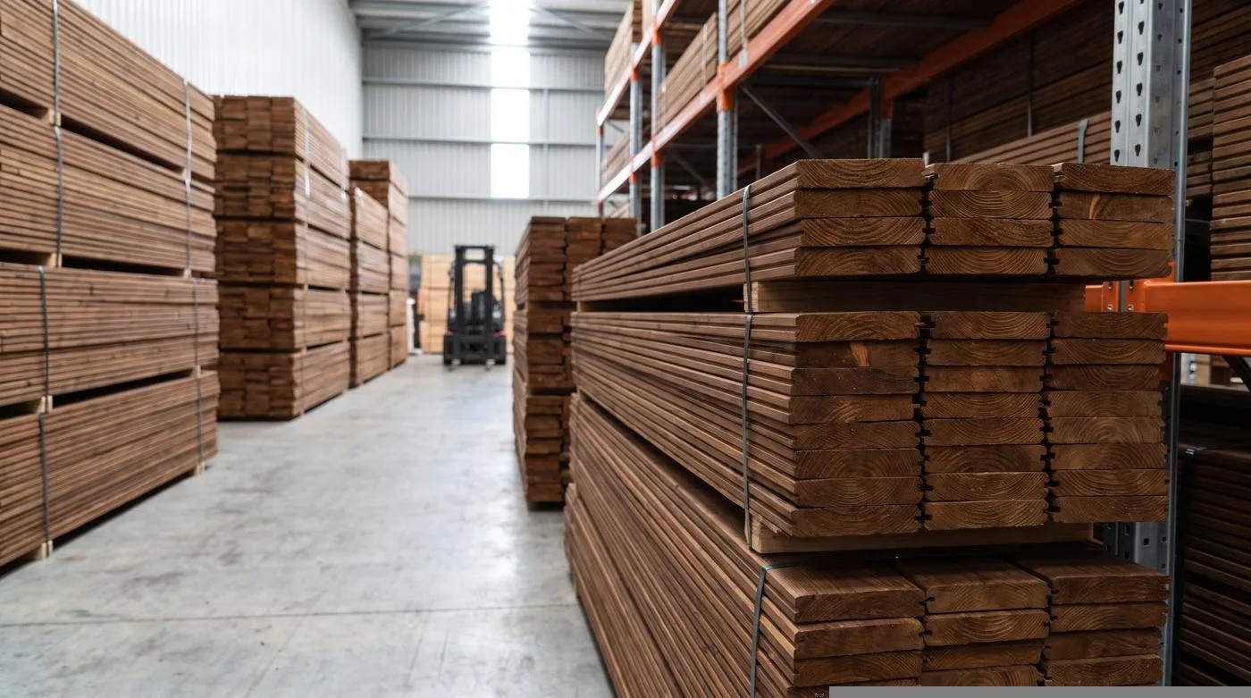 Banded packs of thermowood cladding boards stacked in the IdeasWood warehouse