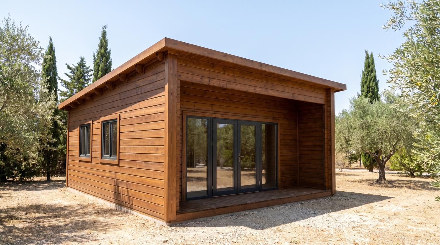 IdeasWood log cabin clad in thermowood in a southern European olive grove