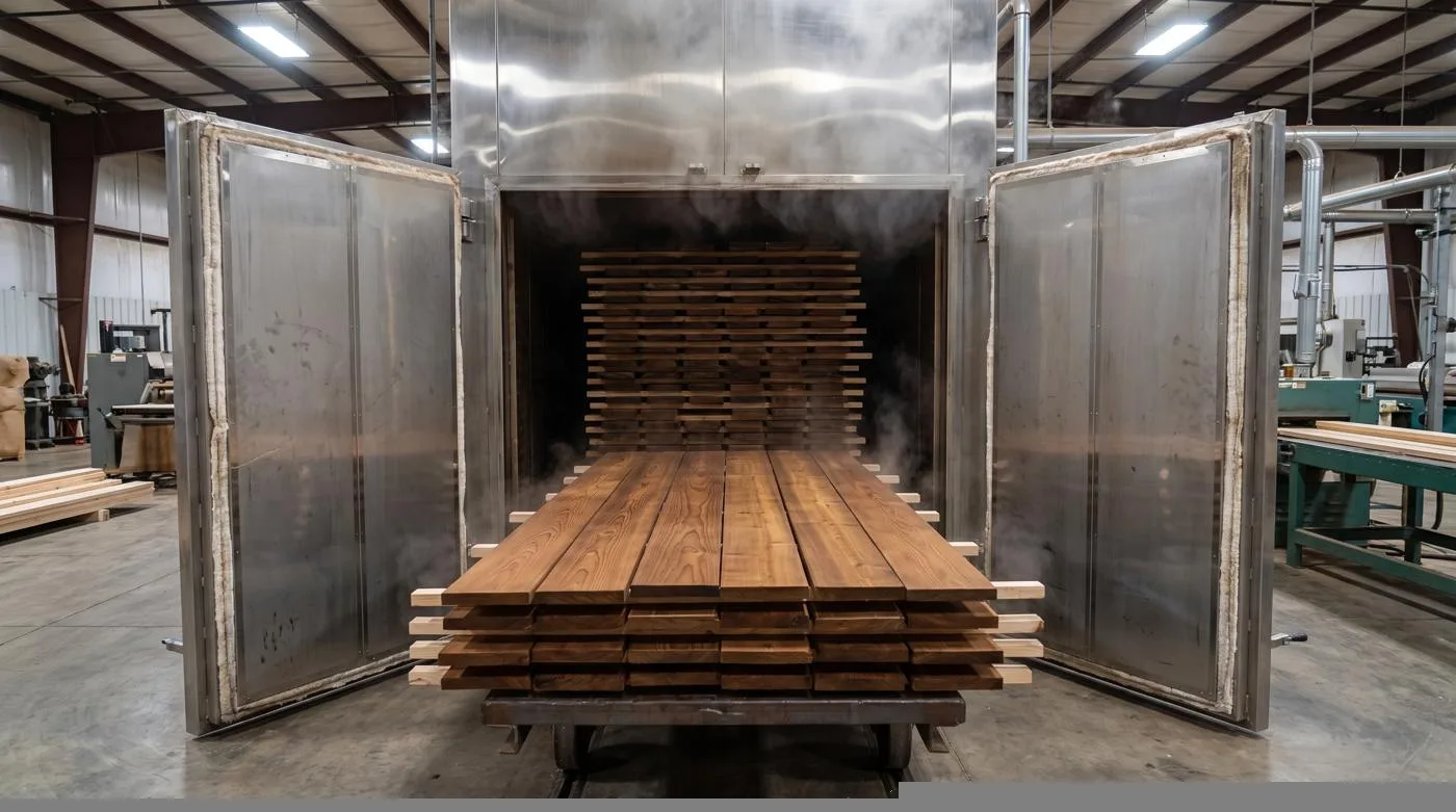 Kiln cart of pine boards being rolled out of a thermal modification chamber